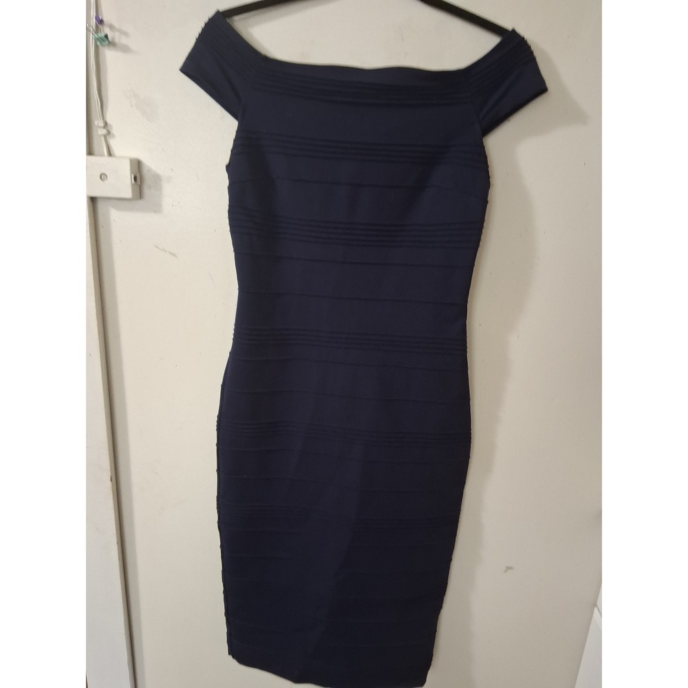 Ted Baker London Navy Blue Off Shoulder Tiered Bodycon Dress Rose GoldZip Size 1